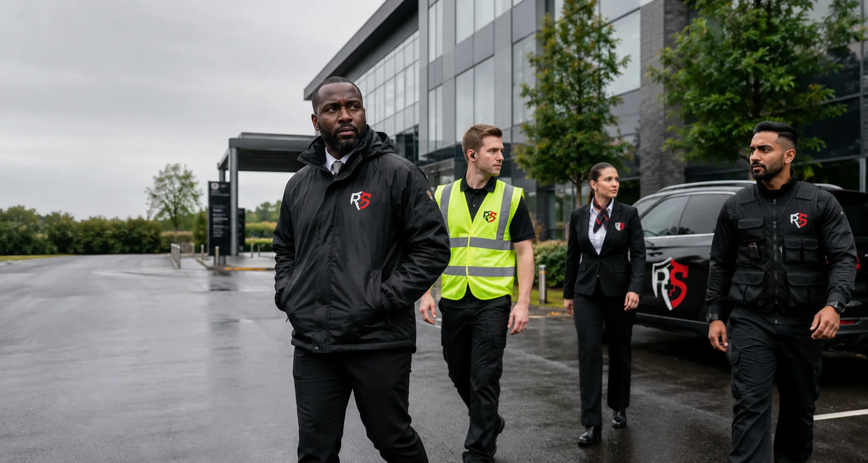 Illustration: A varied team arriving at a modern UK commercial site